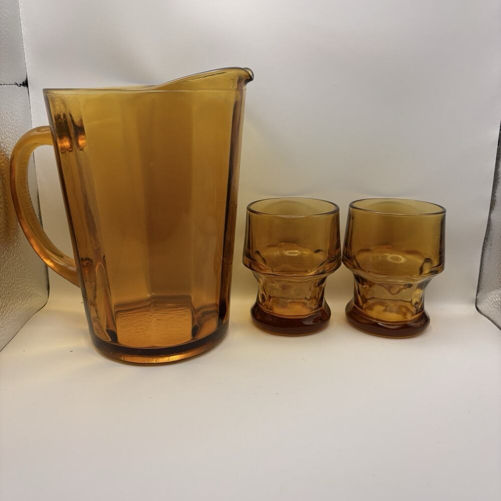Vintage Amber Pitcher with Two Georgian Thumbprint Glasses Mid Century MCM